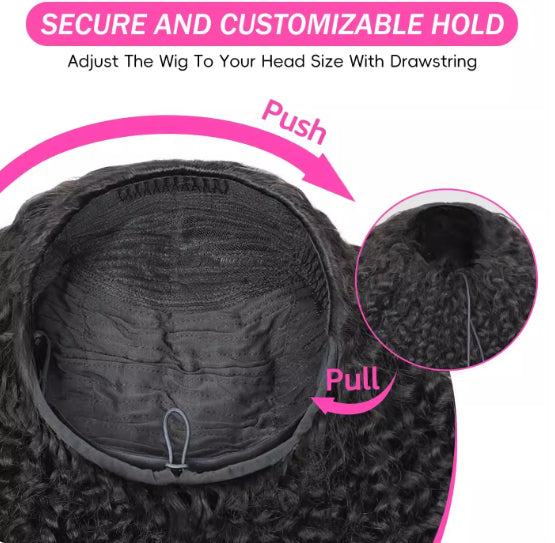 3-en-1 Demi-perruque cheveux humains avec cordon kinky cheveux droits