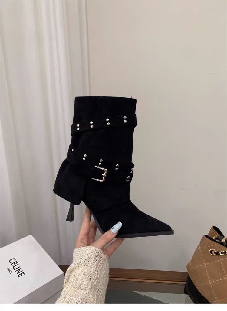 Bottes de tube d'orteil pointue fille Femmes Automne Stiletto Talon Bottes Ceinture Boucle Retro Slimming High