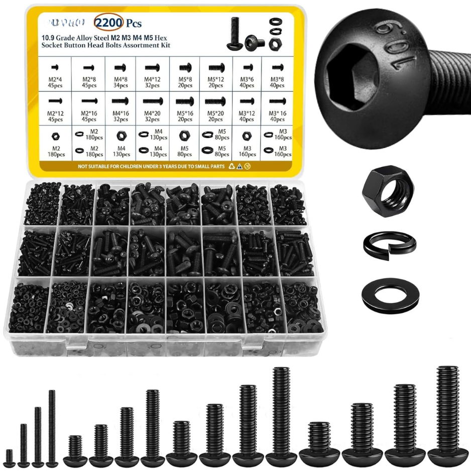 2200PCS M2 M3 M4 M5 Vis métriques Kit d'assortiment hexagonal Bouton de tête de socket Machine à vis