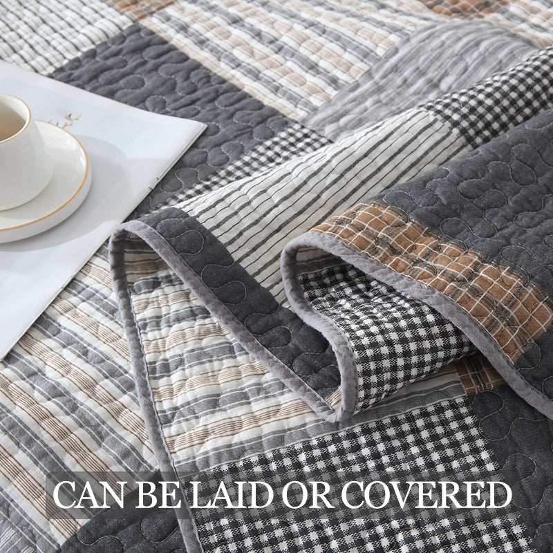 Cotton Reversible Quilt Bedspread Set French Country Checkered Print with Textured Stripe