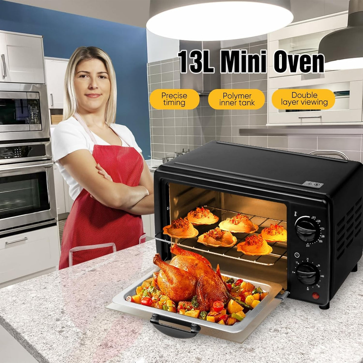 13L Electric Mini Toaster Oven Countertop Toaster Pizza Oven Temp Timer 800W