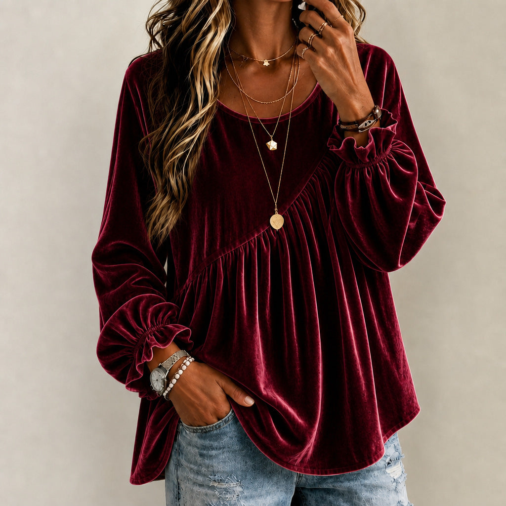 Velours de couleur unie Col d'équipage Manches longues Relaxed-fit Asymétrique Ruffled Top