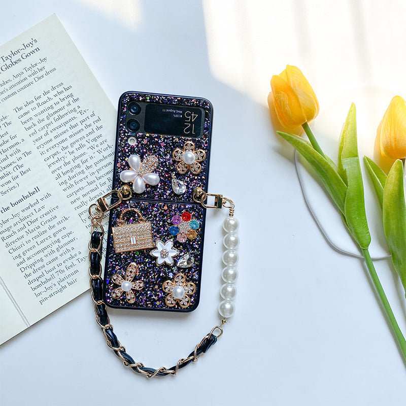 Femelle Fleur Sequin Strass Pearl Écran pliable Flip Case téléphone