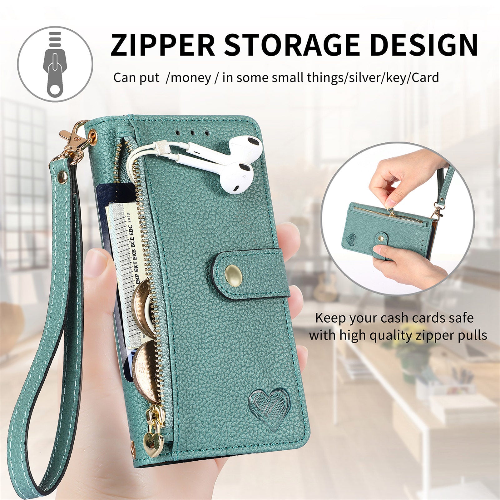 Love Sleeve PU Litchi Motif RFID antivol Lanyard Coque téléphonique