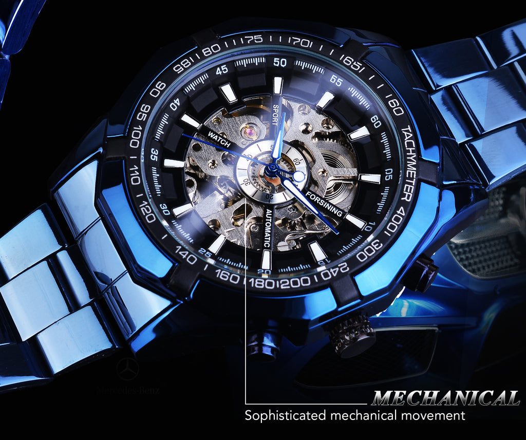 Montre mécanique Casual Hollow Blue Plating automatique