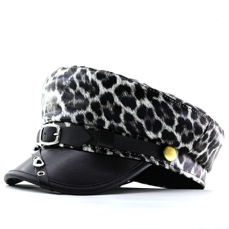 Lady Leopard-print PU Cuir Bold Stud Belt Design Beret avec Retro British Style Metal F