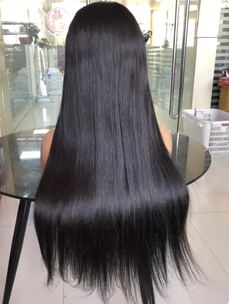 Long droit Cheveux humains Perruque à dents pleines peut être lié Curled or Teed Wig Cap Style
