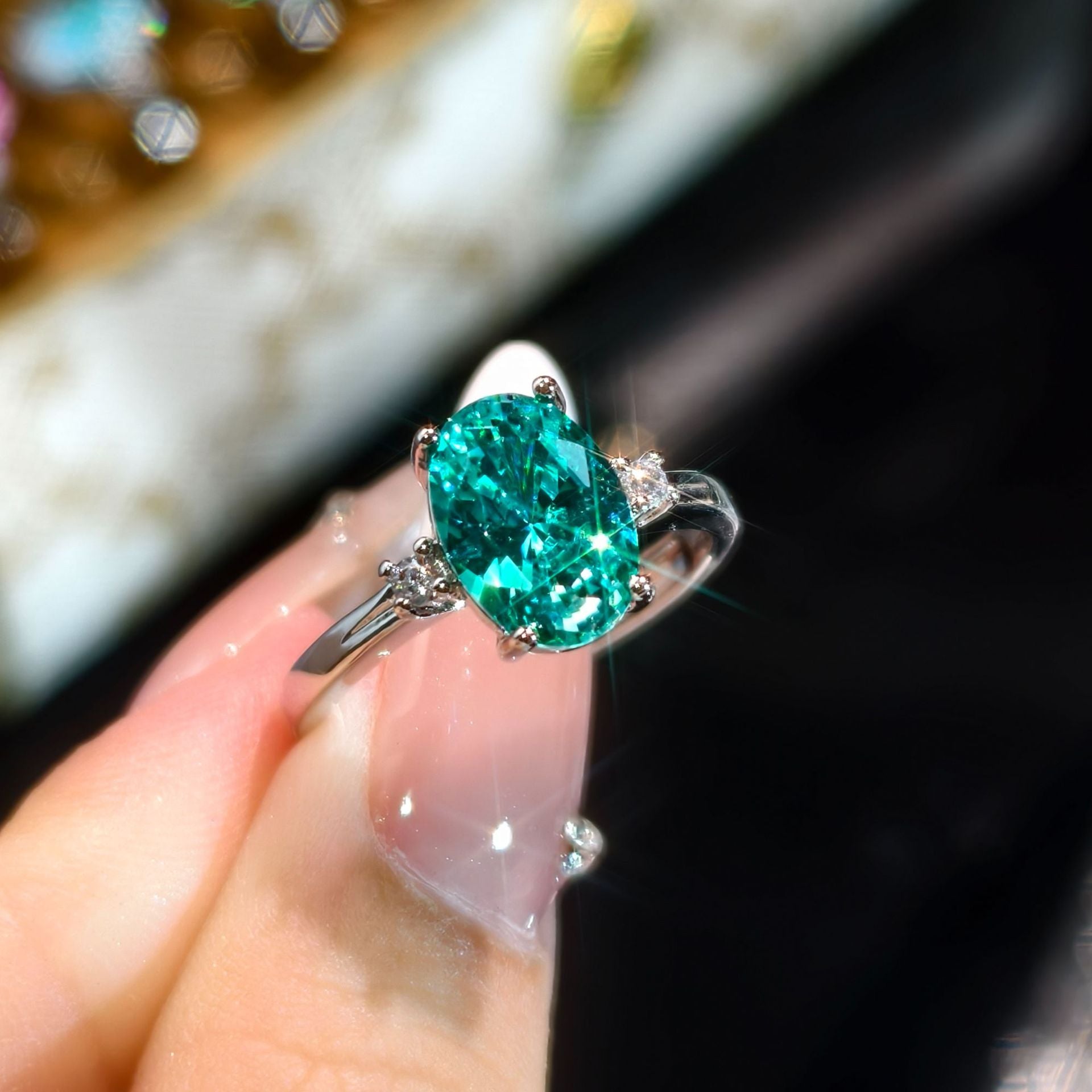 Para Green Ice Flower Cut Sparkling Crushed Ice Zircon Proposition Anneau ouvert pour les femmes Fashio
