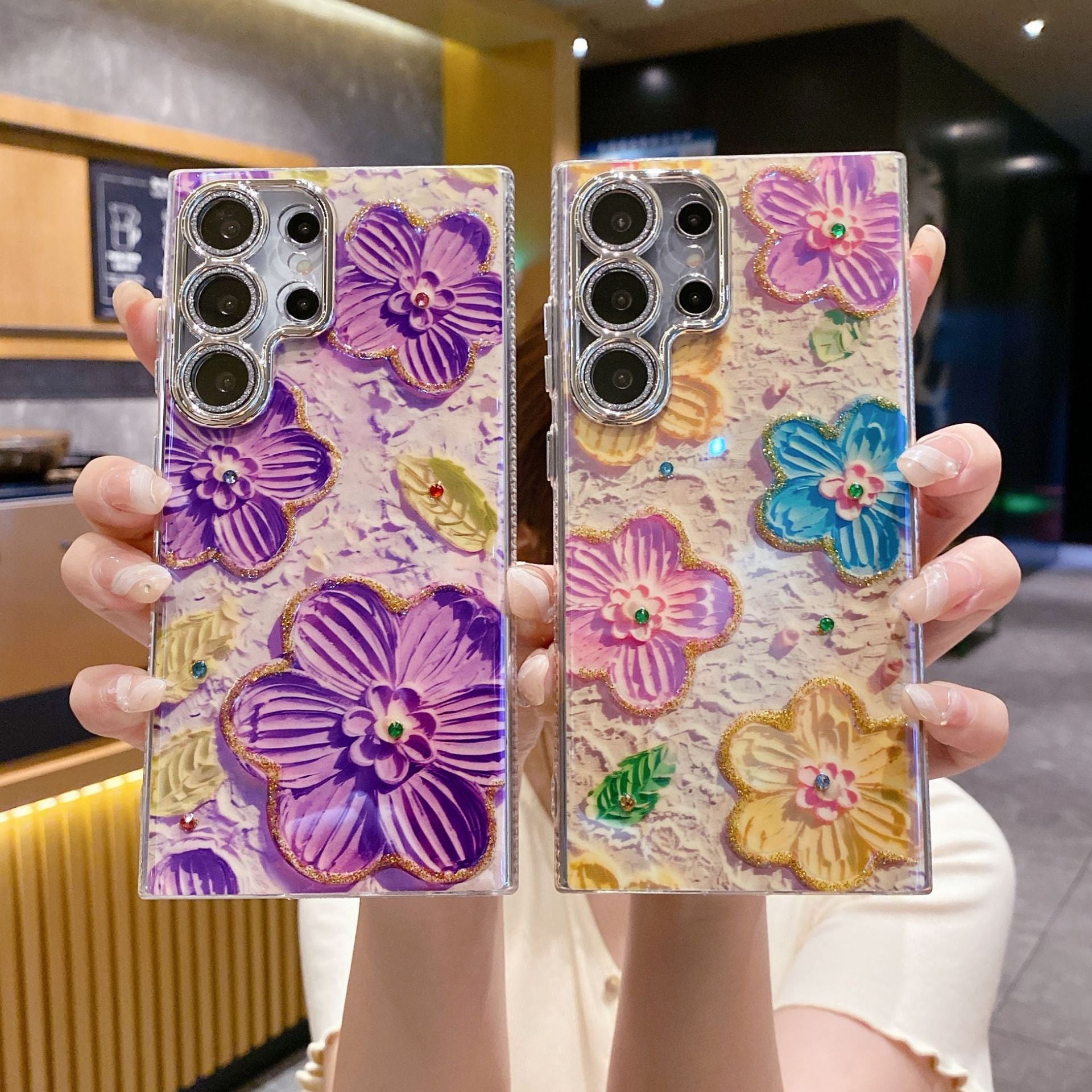 Peinture à l'huile de strass de luxe Flower Phone Case Lens Fine Hole Tout Inclus