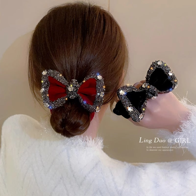 Red Velvet Strass Scrunchie avec un style de corde Bowwomens Cheveux Accessoire