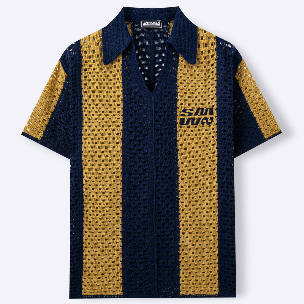 Retro Color-block Hollow-out manches courtes tricot haut respirant