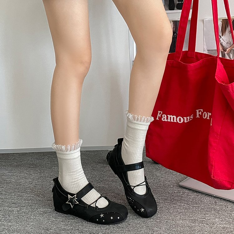 White Star Broderie Mary Jane Appartements Femmes Square Toe Buckle Strap Ballet Chaussures plates