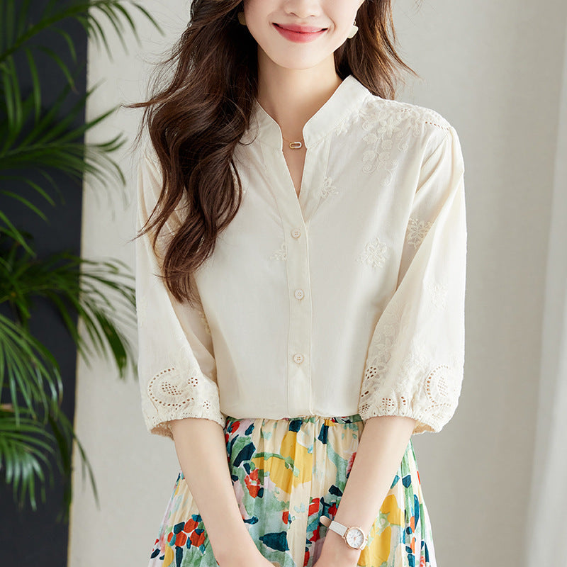 Blouse blanche à col V Manches à trois quarts Arrivée Coton pur