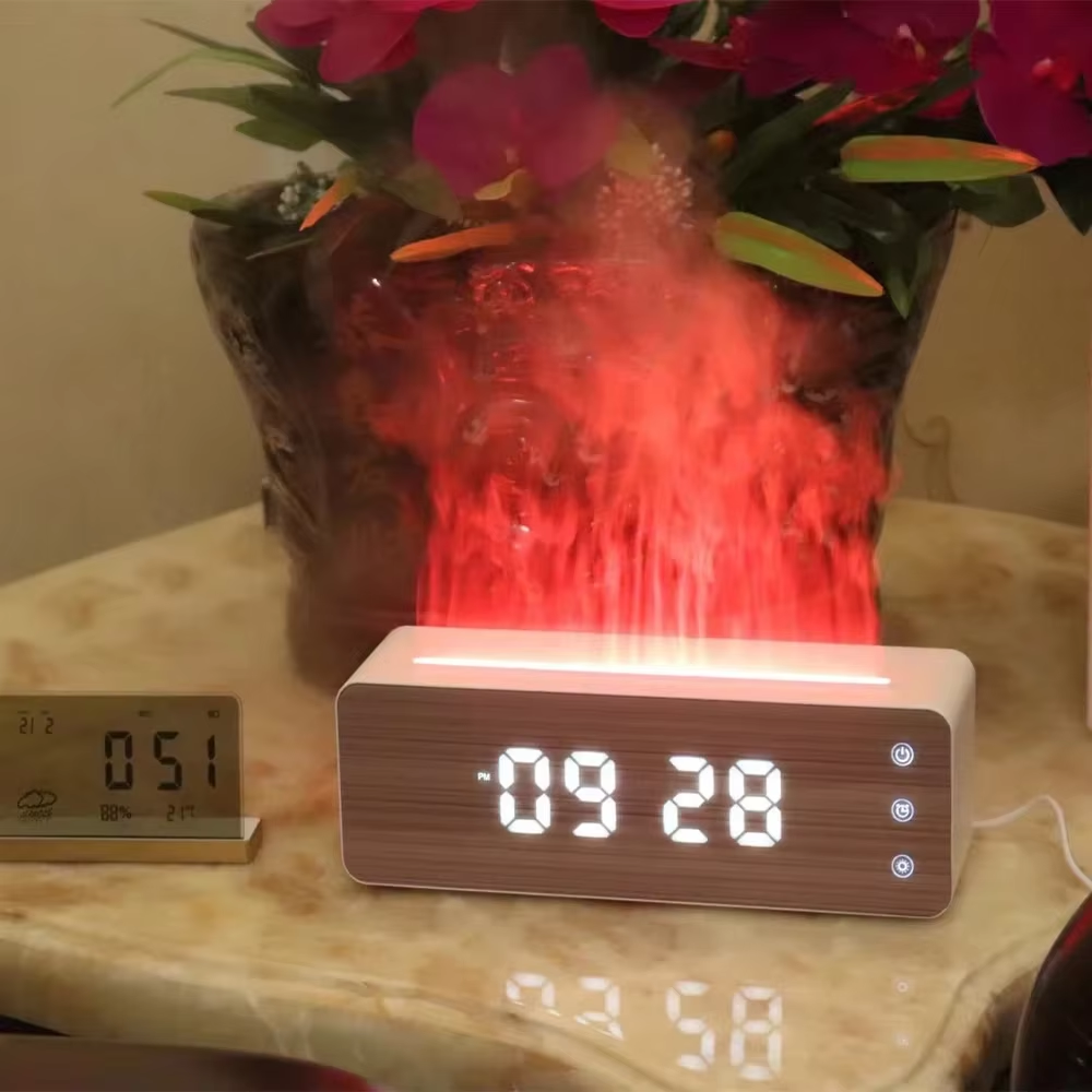 Maison poisson Humidificateur de flamme Aromathérapie Machine avec Horloge Affichage de l'humidité Lampe d'atmosphère