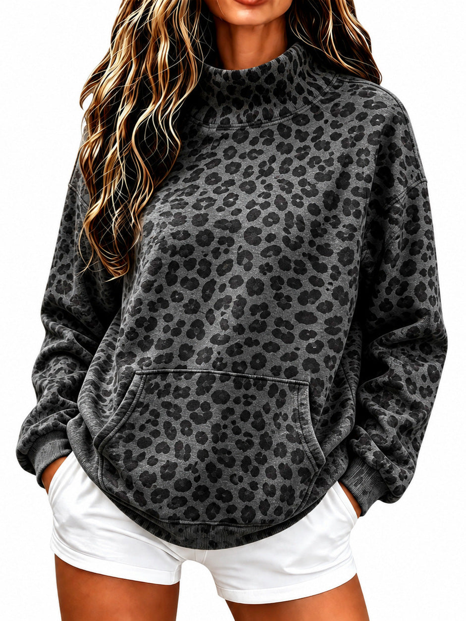 La mode européenne et américaine Leopard Imprimer Sweatshirt à col élevé pour les femmes