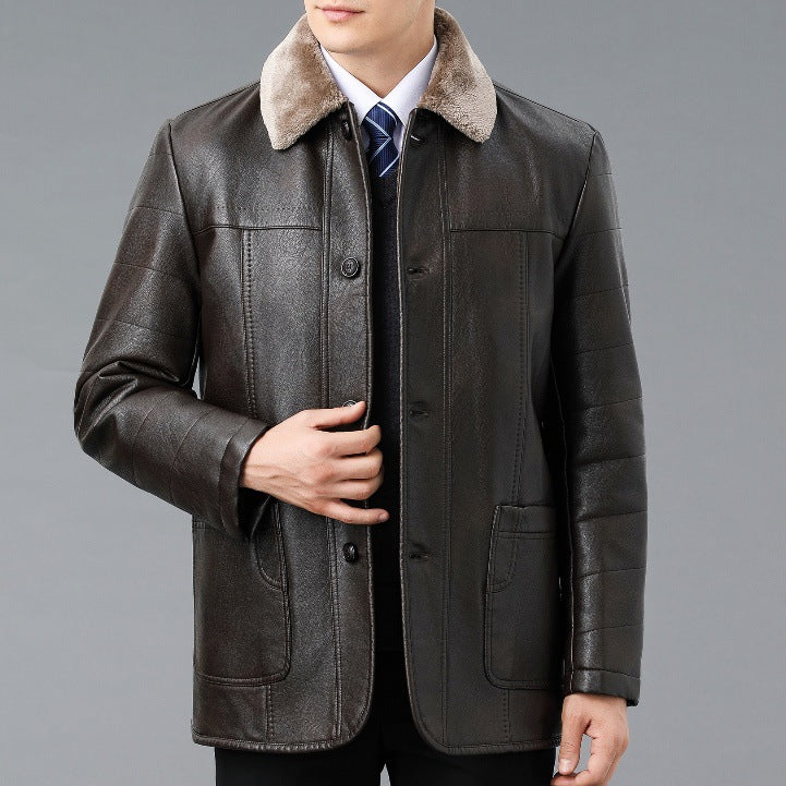 Véritable manteau en cuir et fourrure d'une seule pièce avec un lapel doublé de polaire pour plus de chaleur