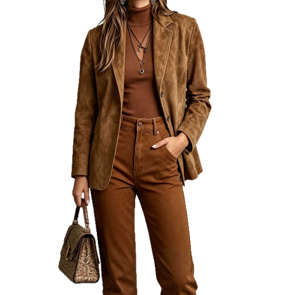 Veste pour femme Vintage Faux Suede Veste à manches simples Elégant vêtements de dessus rétro