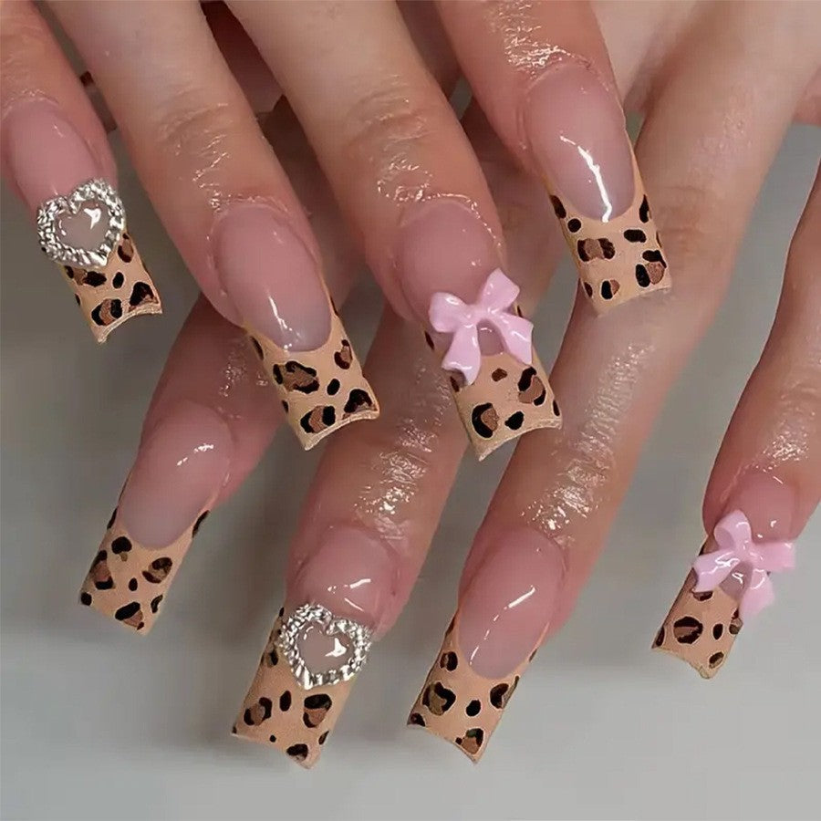 Portable courte Leopard-print Contraste couleur Bow Fake Nails Tip-style