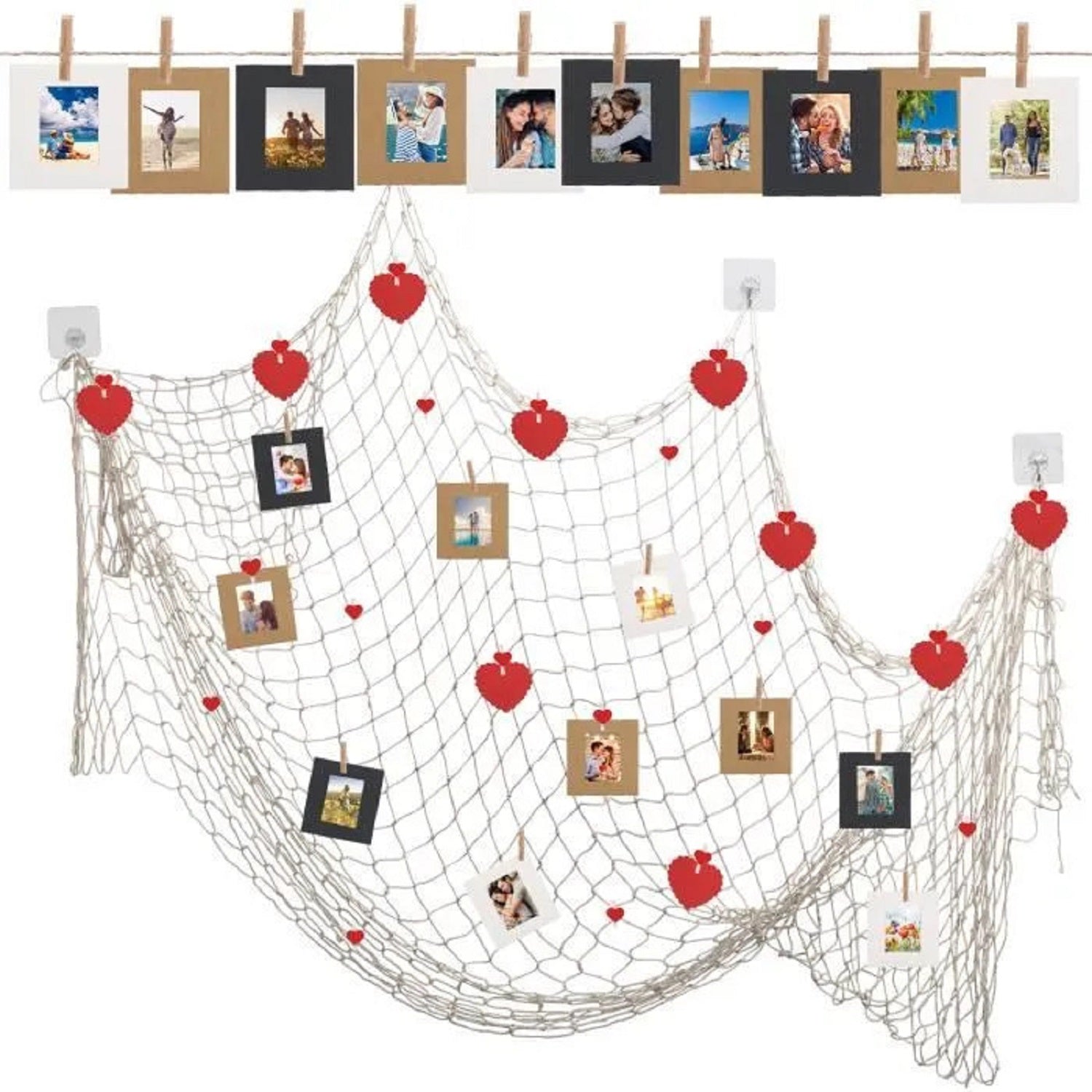 Jeu d'affichage photo du filet de pêche - 100x200 Cm Net avec clips cardiaques et cadre pour décoration murale - P