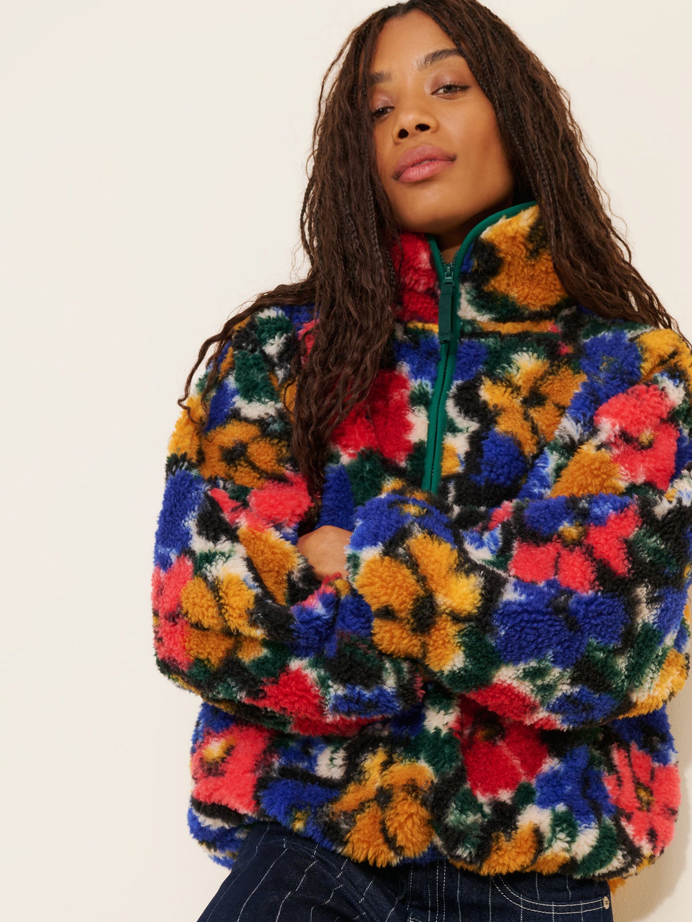 Retro coloré Floral Stand-collar Faux Lambswool Half-zip Jacket