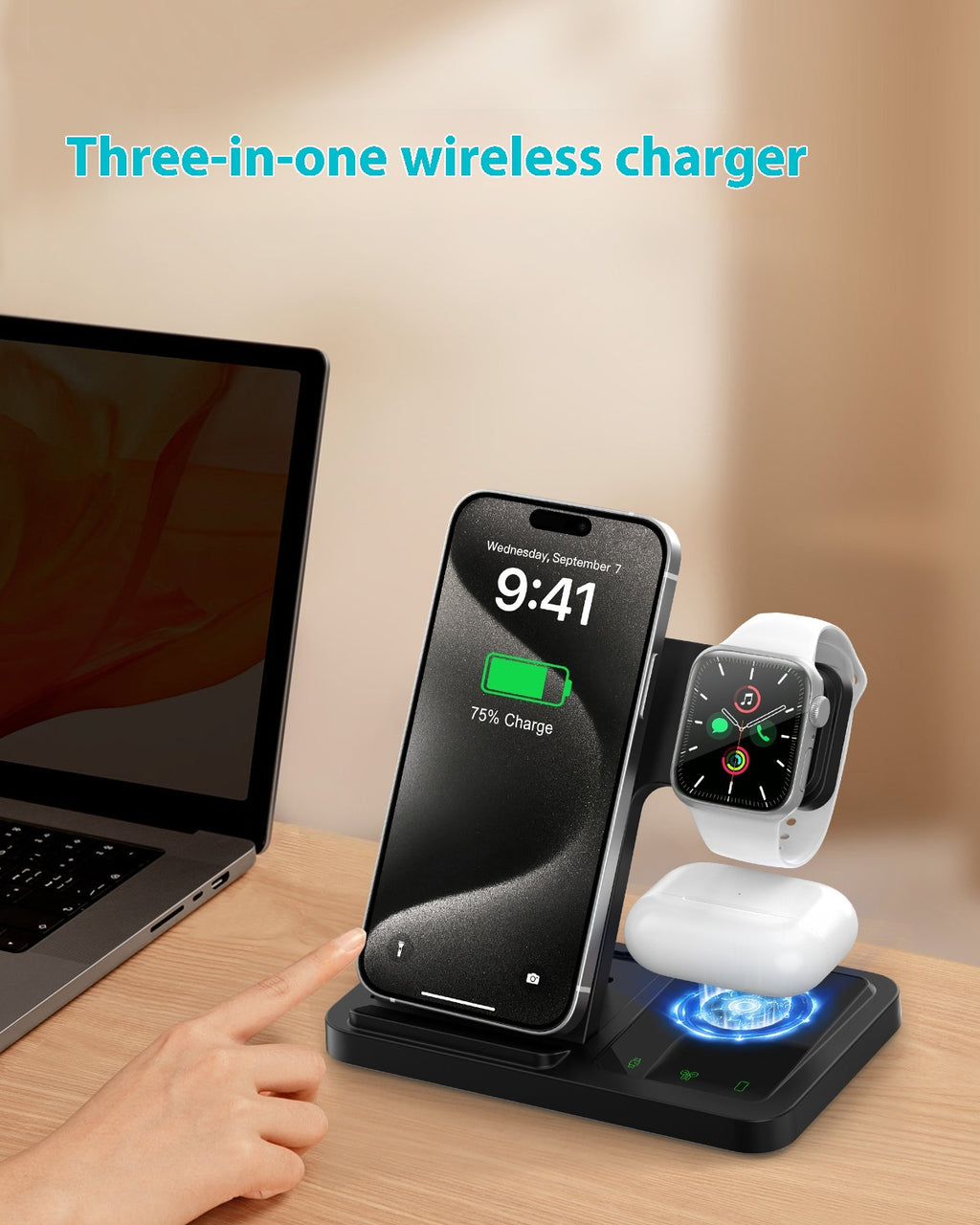 Chargeur sans fil trois en un pour Iphone15 Set de recharge rapide Iwatch Watch Casque B