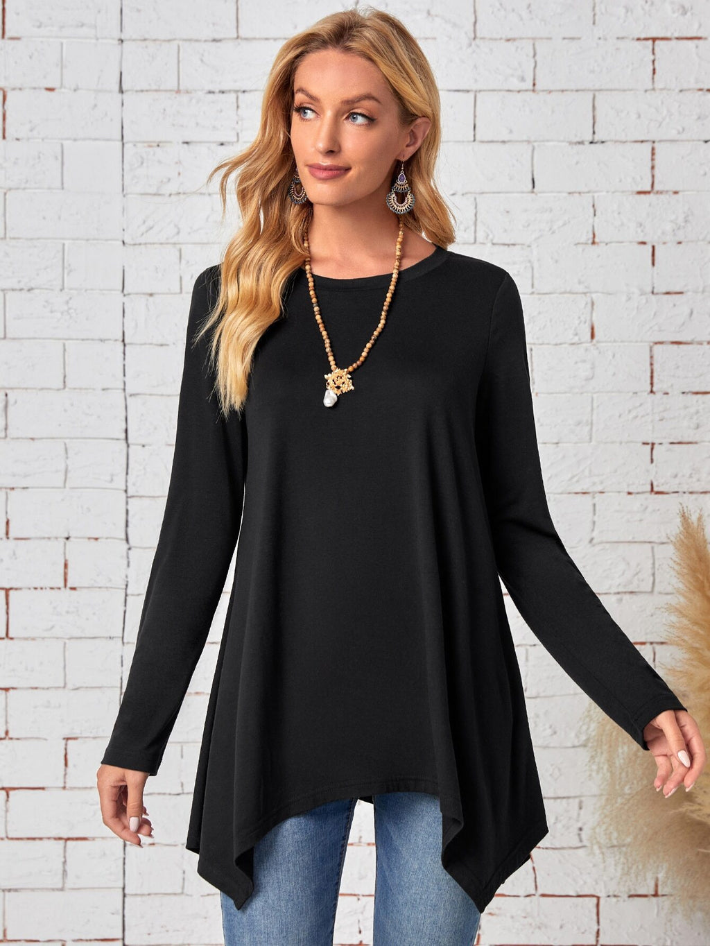 Robe solide manches longues Irrégulier de mode rond cou Top vêtements pour femmes