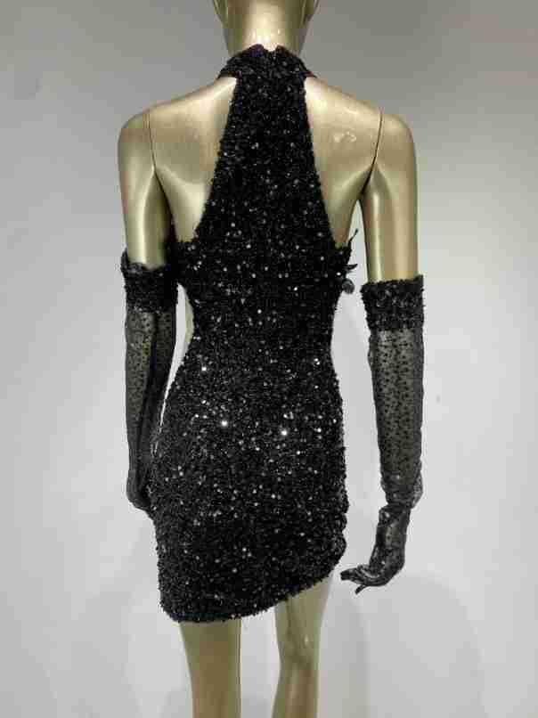 Robe Peintre Halter Paillettes Jupe courte avec Gants Robe