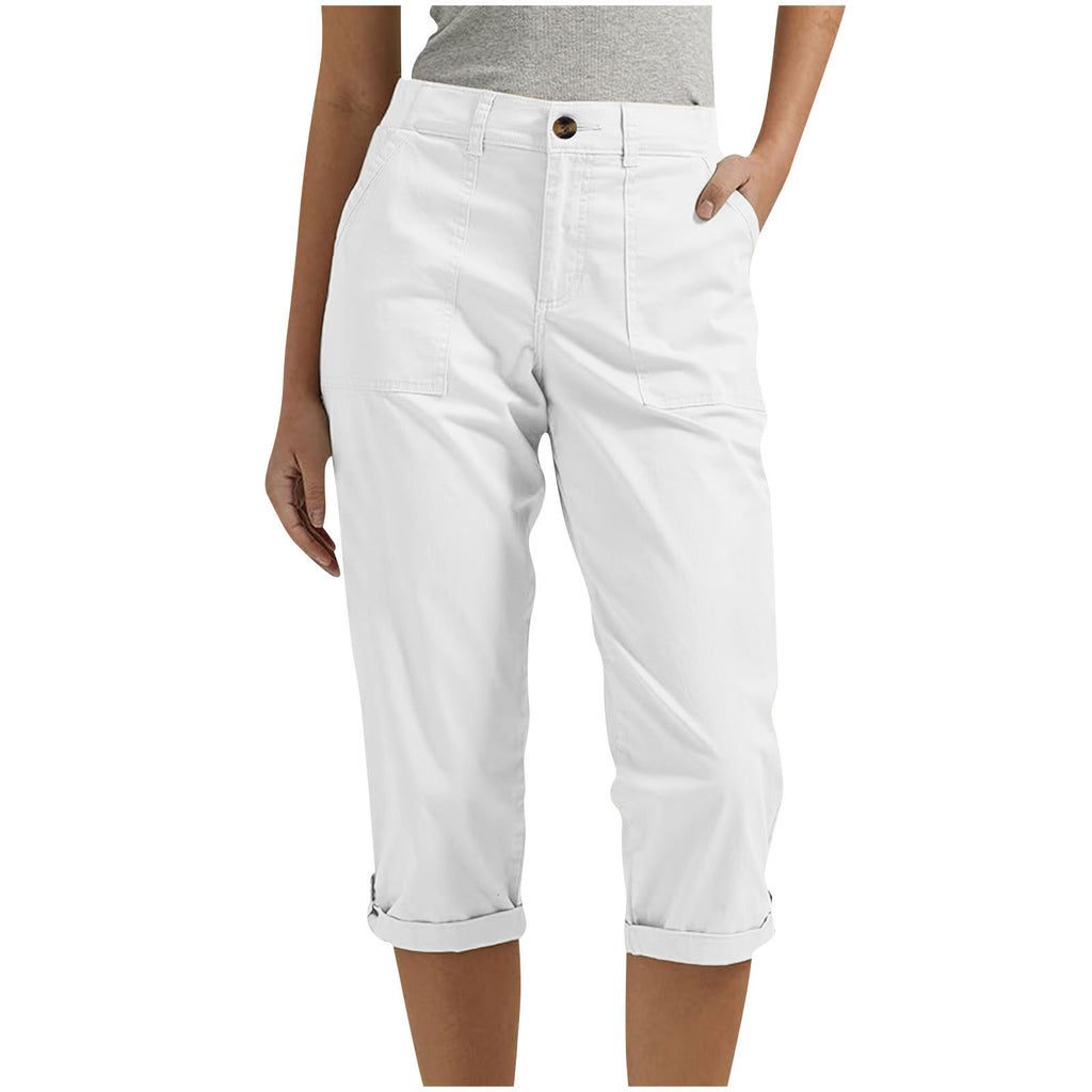 Vêtements de travail en couleur solide pour femmes Pantalons taille bouton Pantalons oreille Design Pantalons de jambes courbés pour femmes