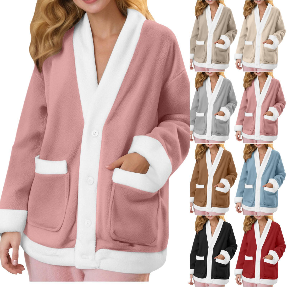 Amazon site indépendant Automne et hiver V-Neck Manches longues Couleur-Block Cardigan Flannel