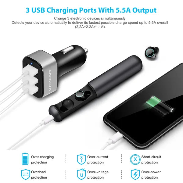 Chargeur de voiture USB 30W 5.5A 3 Adaptateur de chargeur de cigarette port USB