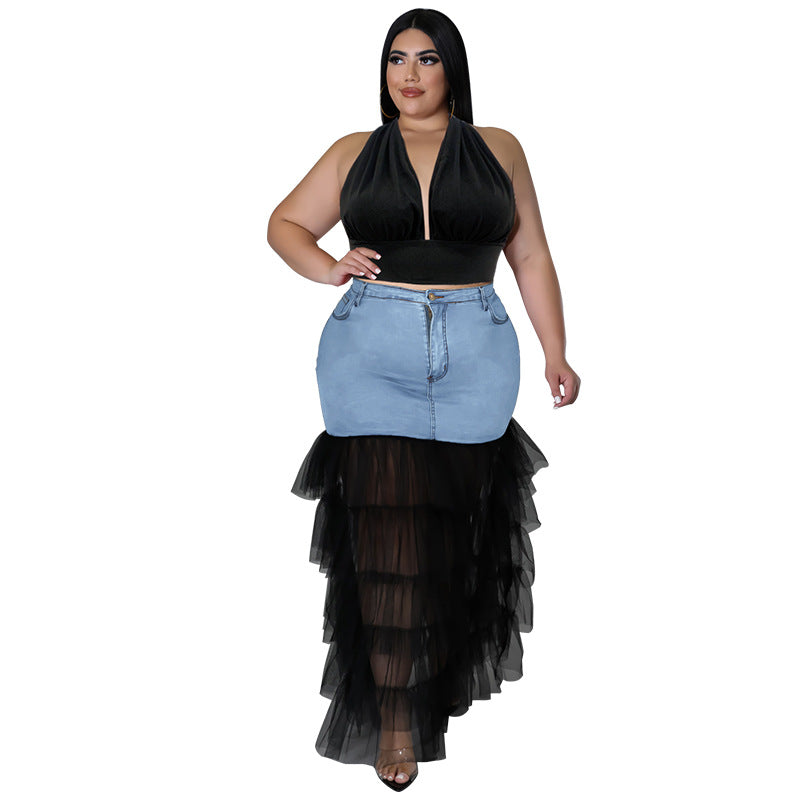 218187 L'Europe et les États-Unis Grande taille Laver les femmes Denim Mesh Sexy Jupe Amazon