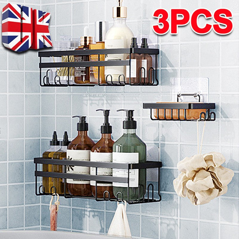 3x Salle de bain auto-adhésive Douche Caddy Étagère Rangement Acier inoxydable noir