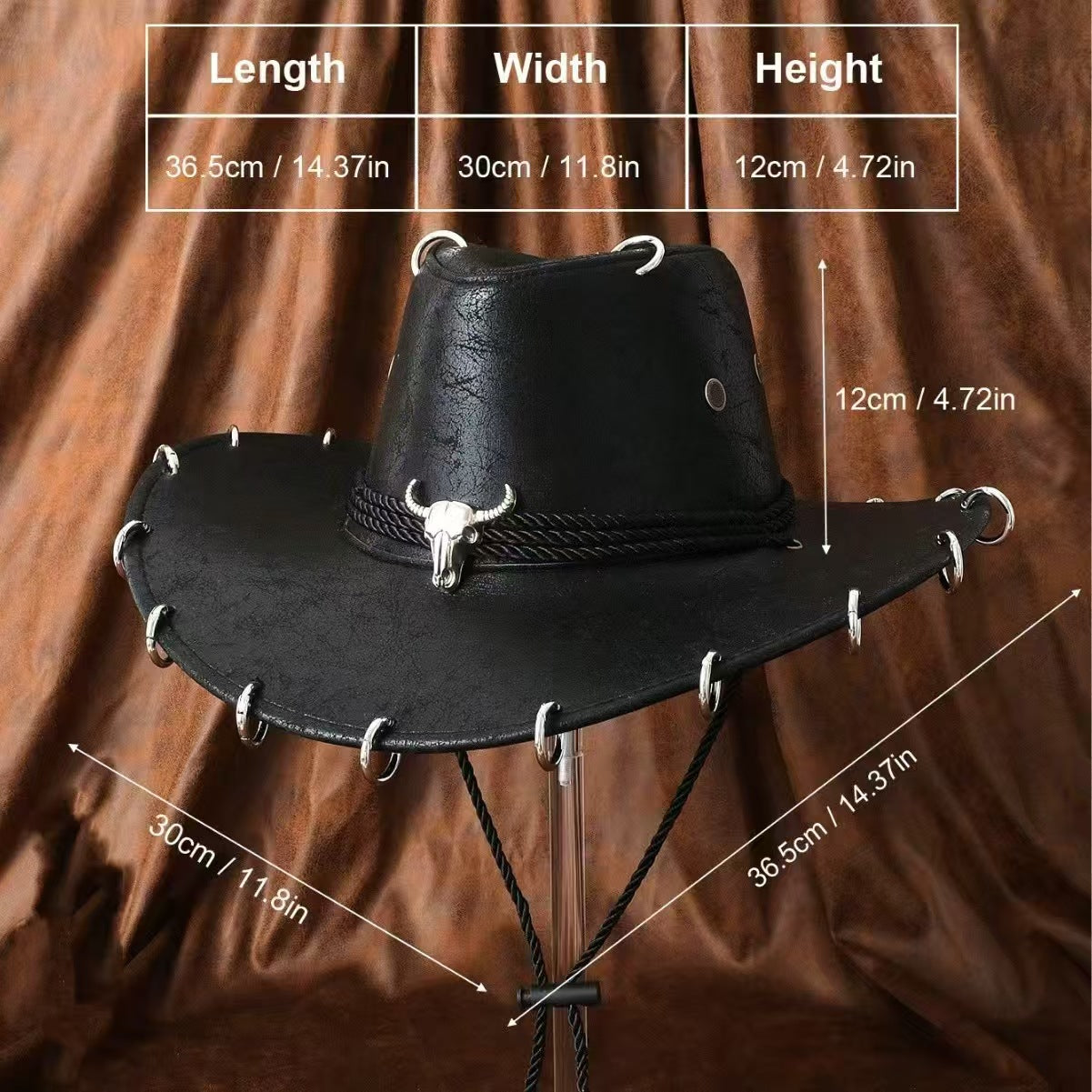 Chapeau à tête en cuir de vache de style américain Vintage Western