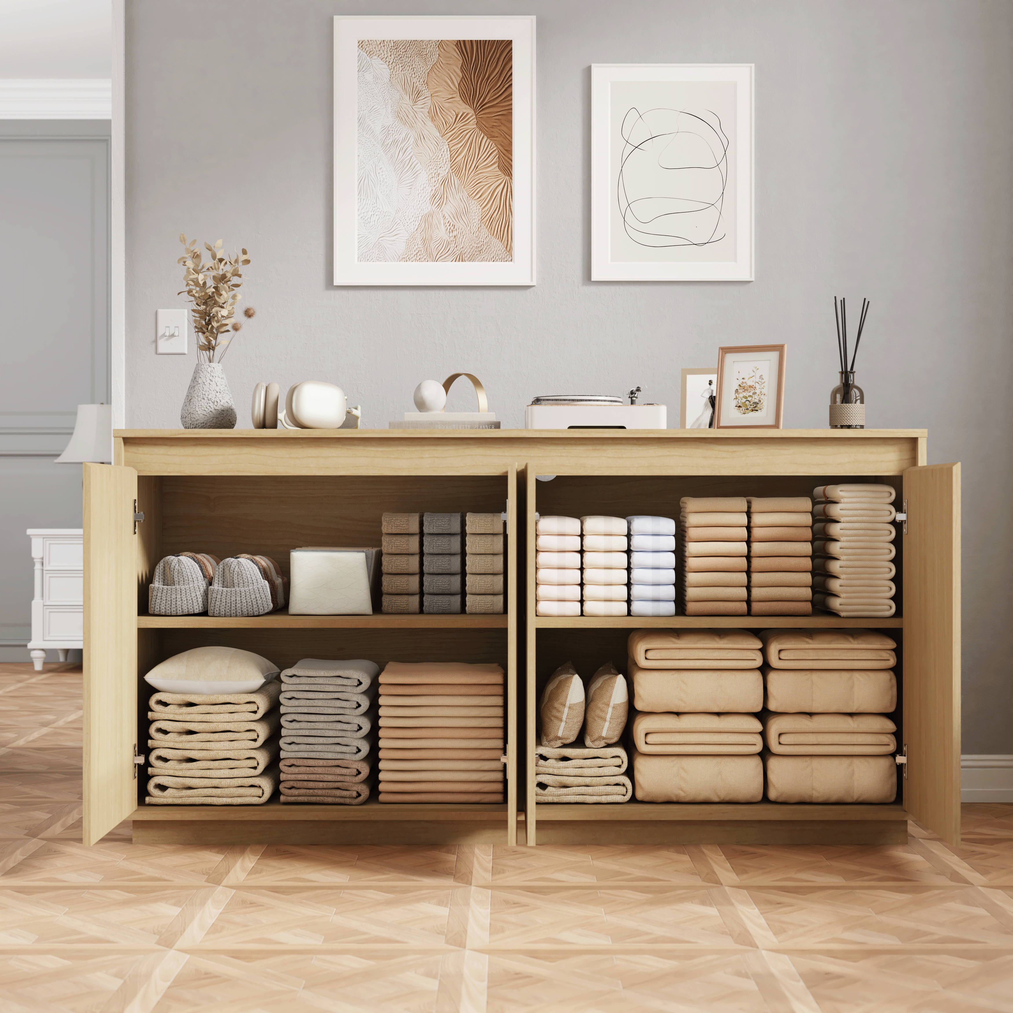 Armoire Buffet 4 portes avec Outlet d'alimentation