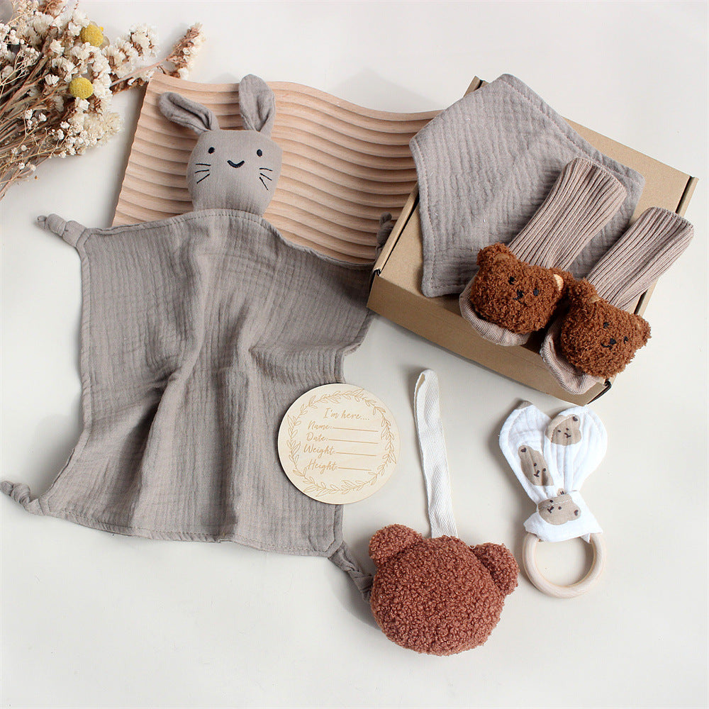 Bébé lapin Lion Appasing Serviettes Chaussettes Saliva Serviette Laver Cadeau Boîte Newborn Bite Anneau Cheveux B