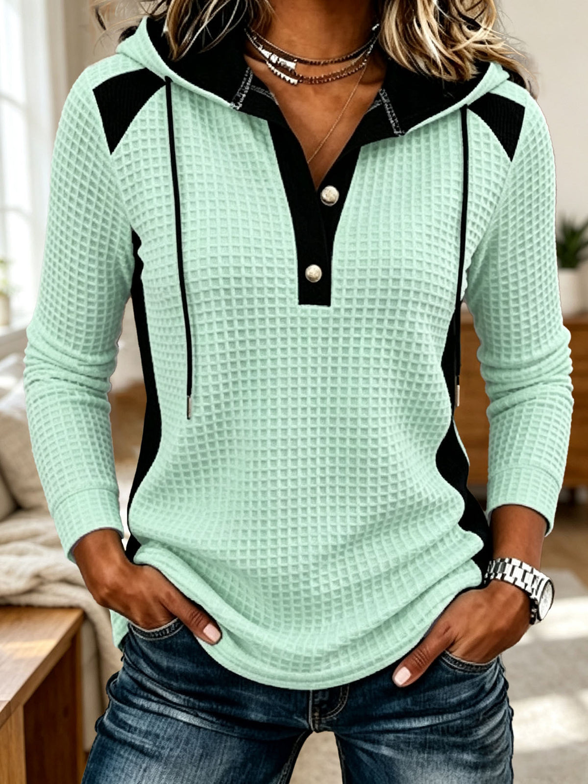 Anno's Auto-développé Européen et American Women's Fashion Casual Waffle Knit Hooded Swea