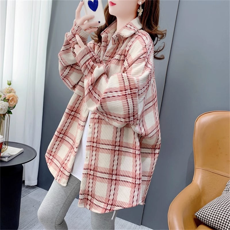 Chemise en Plaid Brossé épais pour femmes Automne et hiver