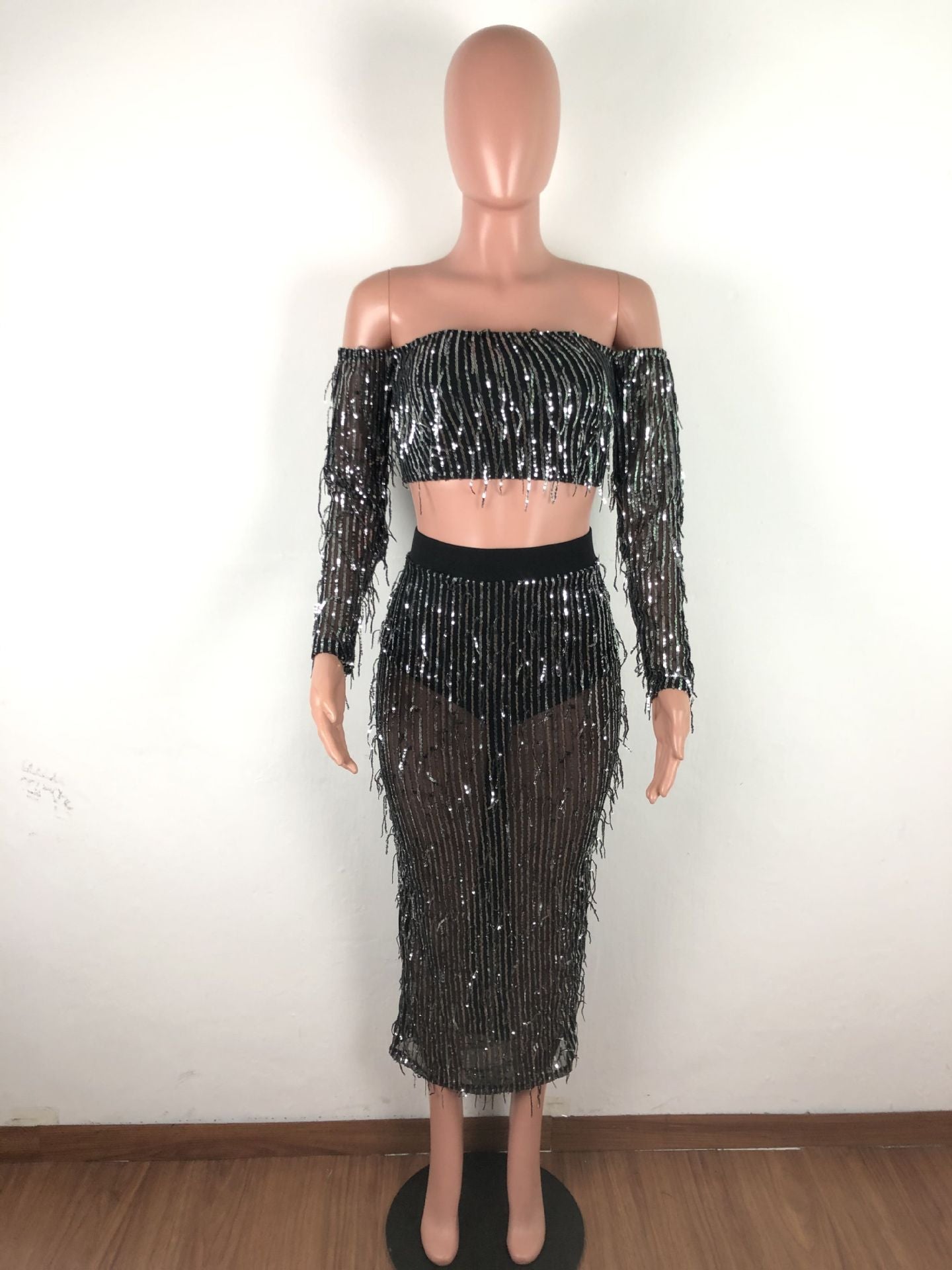 Mode Sexy See-through Mesh Sequins Tassel Ensemble deux pièces