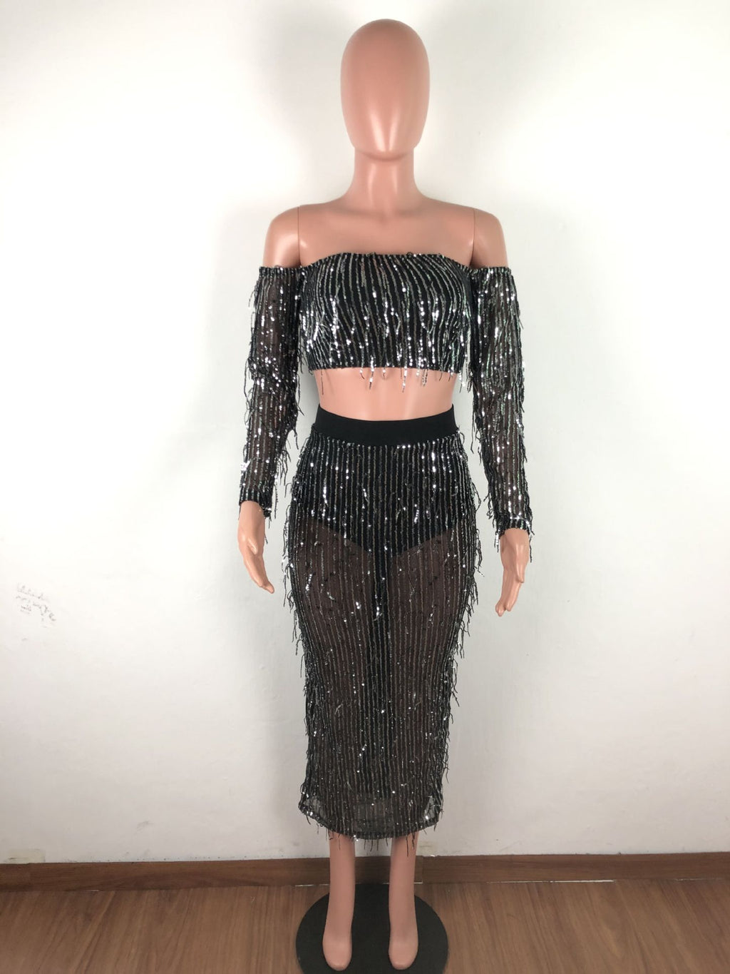Mode Sexy See-through Mesh Sequins Tassel Ensemble deux pièces