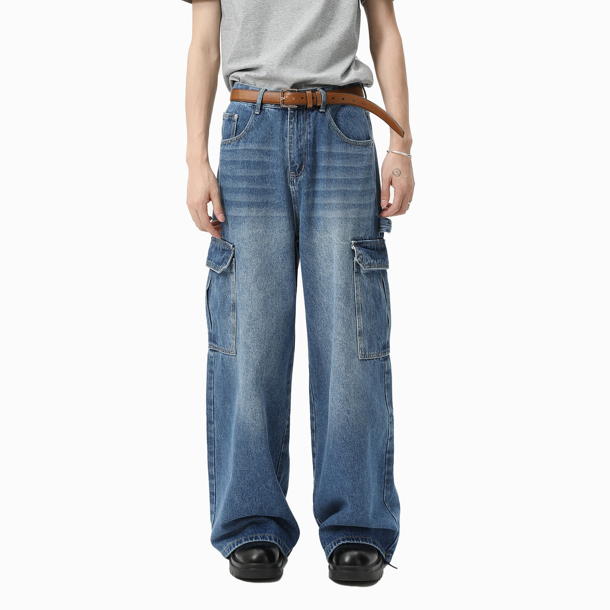 Pantalon de travail occasionnel à jambe large blanchie Multi-pochette droite