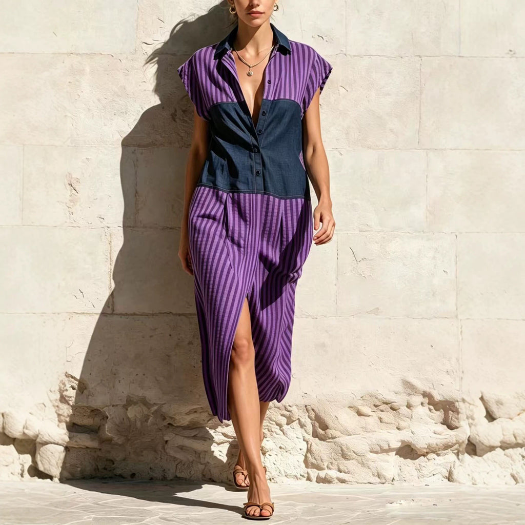 Robe de chemise de patchwork rayée Slit Design pour un look mi-long slimming
