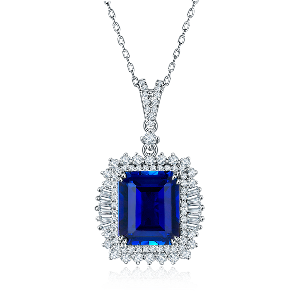 S925 Sterling Silver 10x12mm Lab-Grown Ruby Sapphire Emerald Halo Pendant Necklace