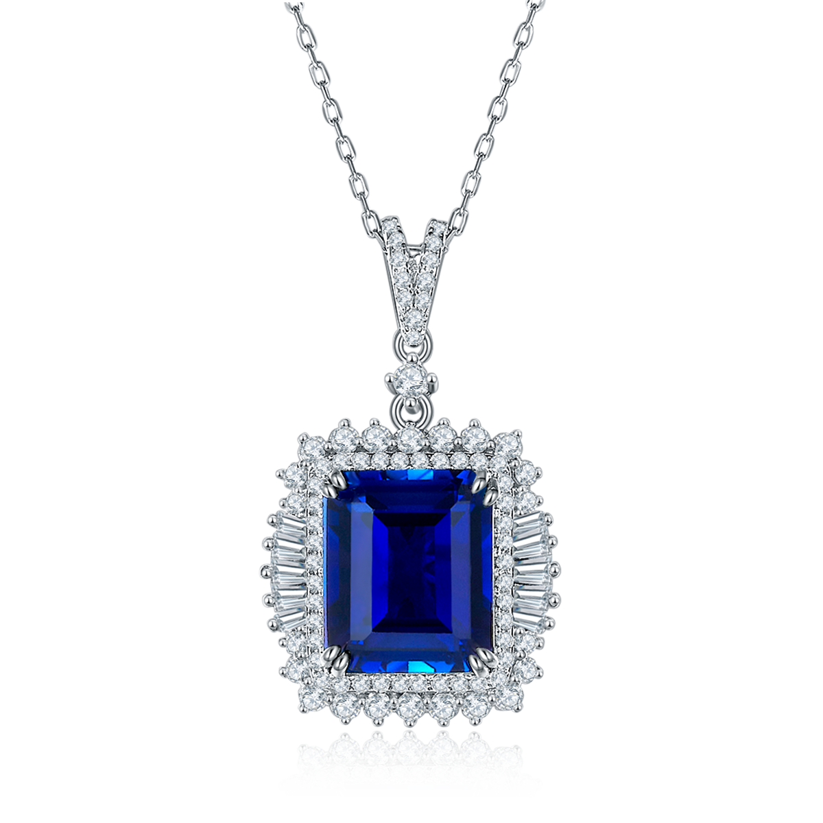 S925 Sterling Silver 10x12mm Lab-Grown Ruby Sapphire Emerald Halo Pendant Necklace