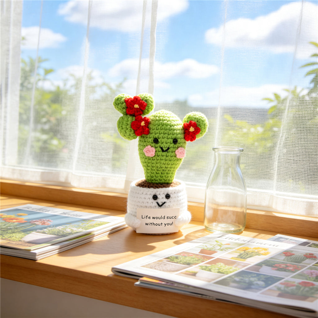 Crochet fait main Cactus Pot ornement avec brillant rouge Blossoms doux fil Croche éternelle