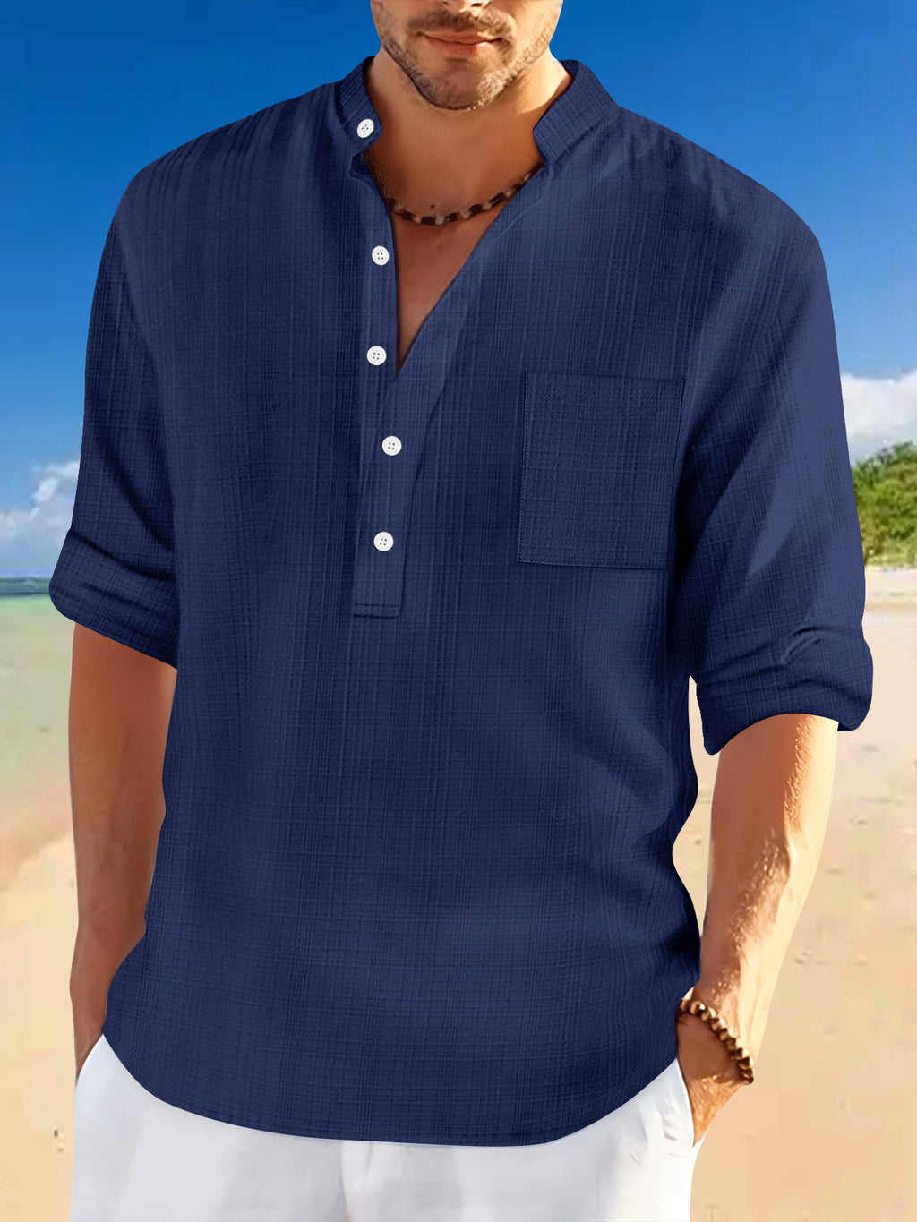 Homme Arrivée Stand-Collar Bamboo-Blend Loose-Fit chemise à manches longues