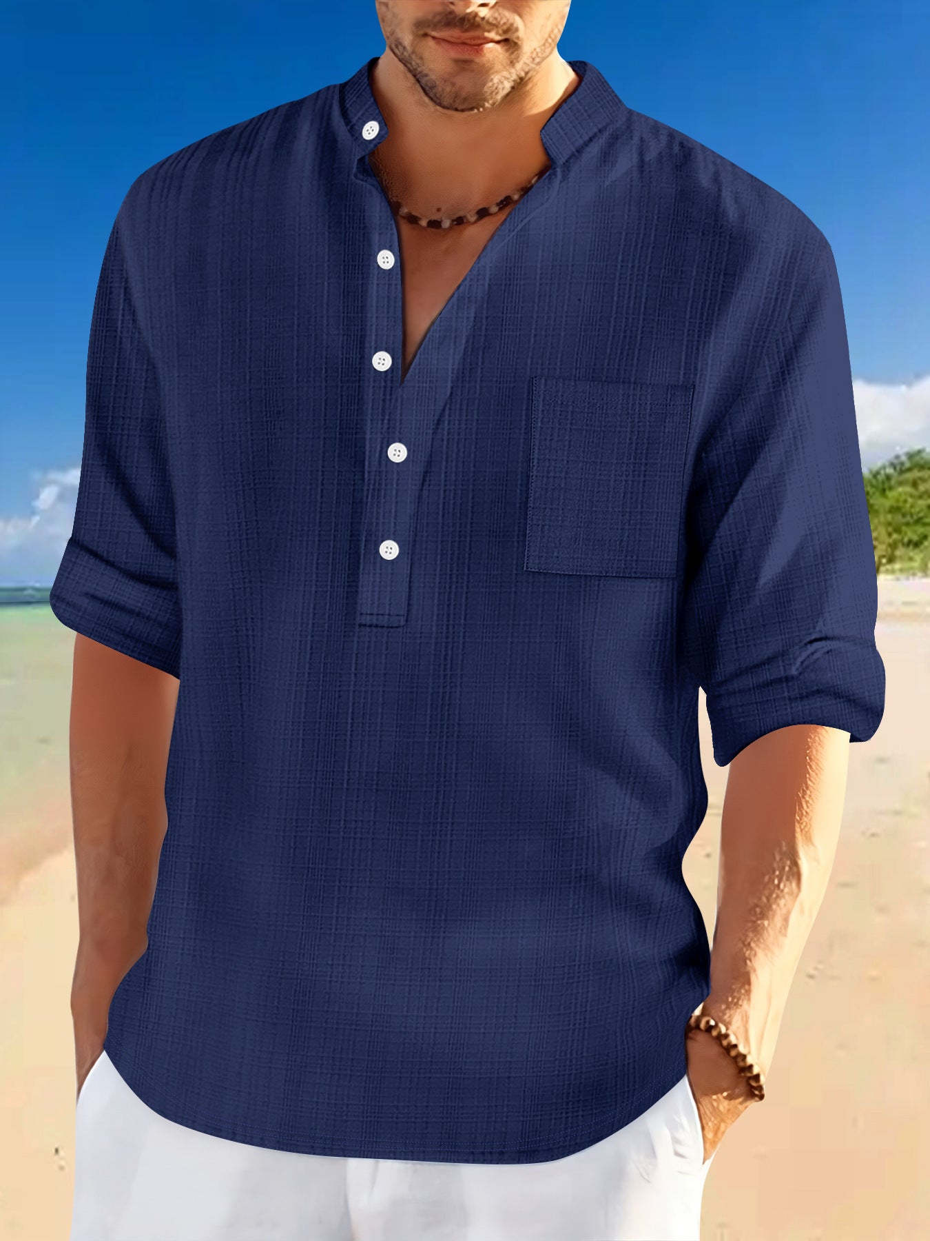Homme Arrivée Stand-Collar Bamboo-Blend Loose-Fit chemise à manches longues