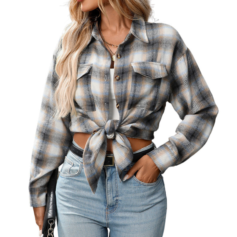 Autumn And Winter European and American Clothing Casual Fashion Loose Plaid Pocket Shirt F