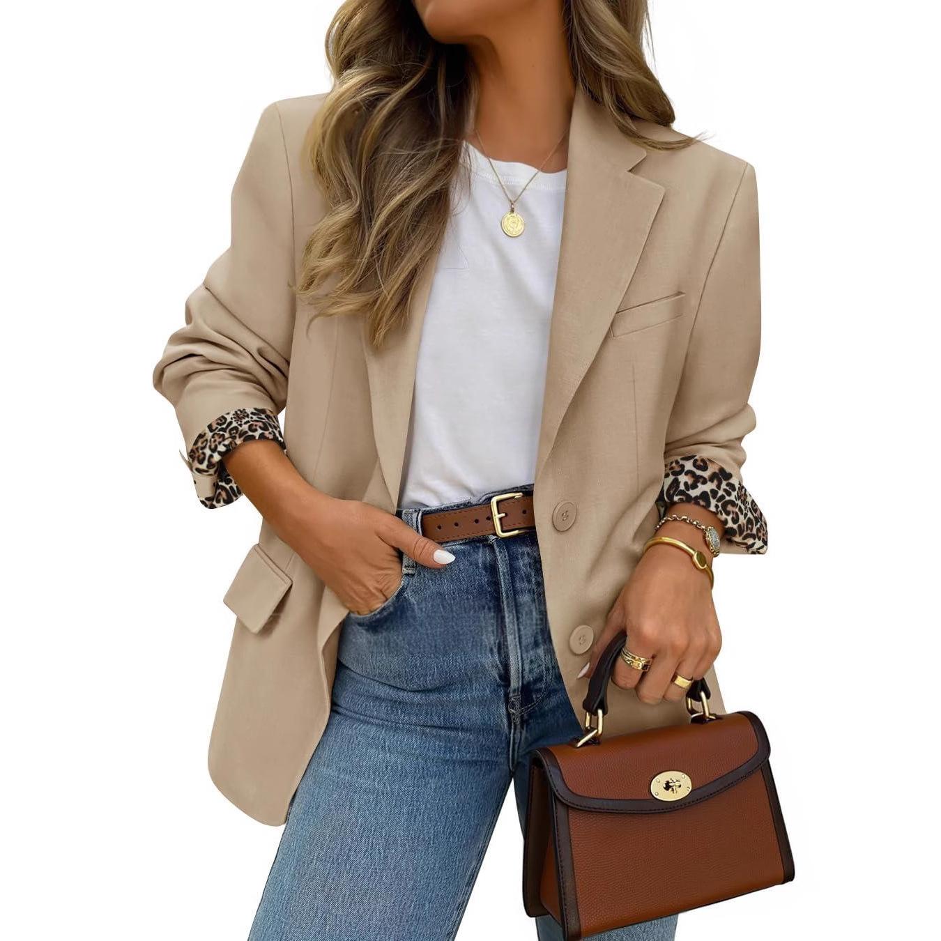 Contraste couleur Leopard-empreinte Lapel Casual Blazer