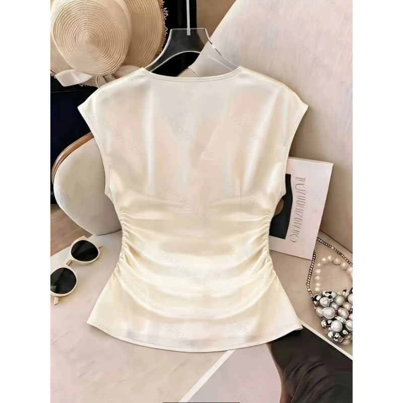 Chemise à plis satiné en V-col de couleur solide pour femmes
