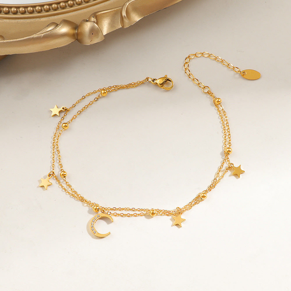 Anklet d'été double-layer étoile pour femmes dans l'acier de titane résistant au fade